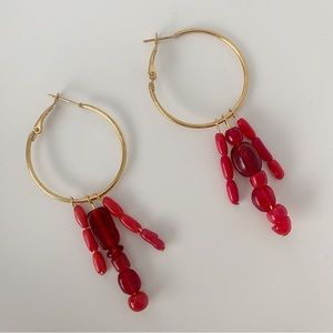 Red Beaded Hoop Dangle Earrings Handmade